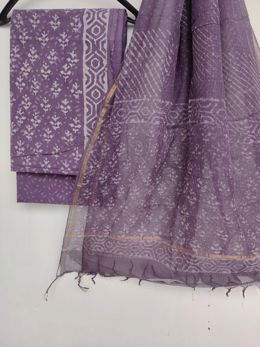 (DABU) Hand Block Printed Cotton Suit with Cotton Kota Doria dupatta