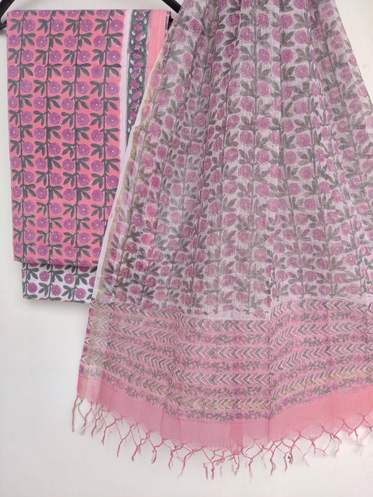 Hand Block Printed Cotton Suit with Cotton Kota Doria dupatta