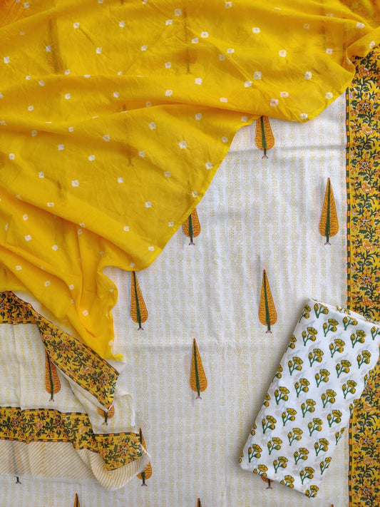 Hand Block Printed Cotton Suits with Mulmul Bandhej Dupatta