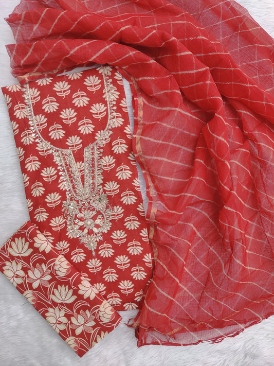JAIPURI PRINTED GOTA PATTI NECK WORK SUITS WITH LEHRIYA KOTA DORIA DUPATTA