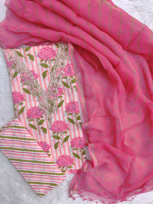 JAIPURI PRINTED GOTA PATTI NECK WORK SUITS WITH LEHRIYA KOTA DORIA DUPATTA