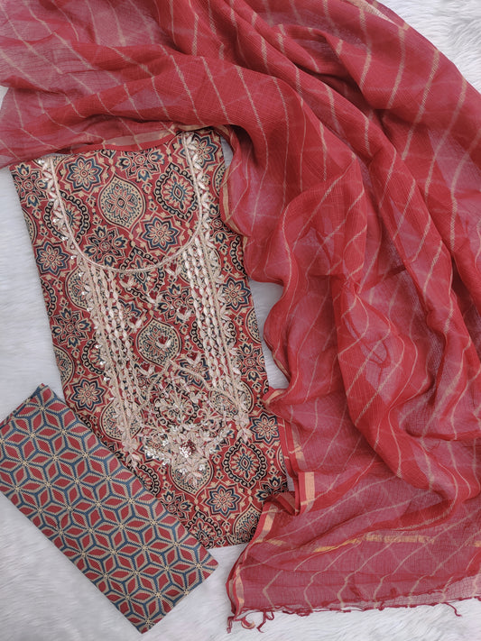 JAIPURI PRINTED GOTA PATTI NECK WORK SUITS WITH LEHRIYA KOTA DORIA DUPATTA