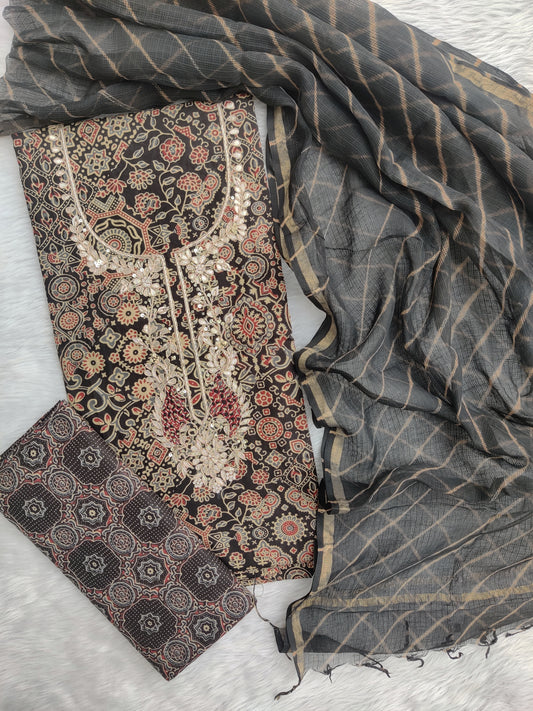 JAIPURI PRINTED GOTA PATTI NECK WORK SUITS WITH LEHRIYA KOTA DORIA DUPATTA