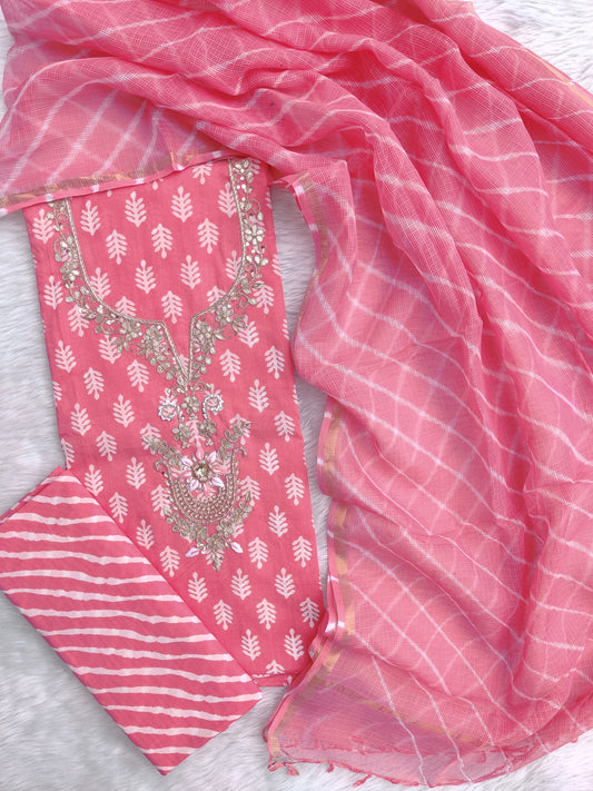 JAIPURI PRINTED GOTA PATTI NECK WORK SUITS WITH LEHRIYA KOTA DORIA DUPATTA