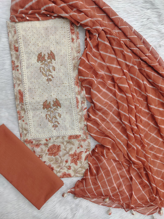 NEW LAUNCH                    Exclusive Unstitched Cotton Neck Work Suits with Chiffon Dupatta