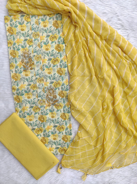 NEW LAUNCH                    Exclusive Unstitched Cotton Neck Work Suits with Chiffon Dupatta