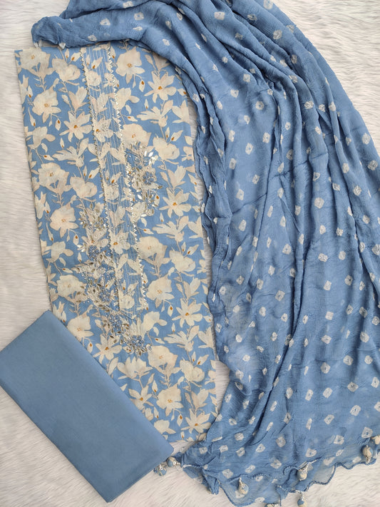 NEW LAUNCH                    Exclusive Unstitched Cotton Neck Work Suits with Chiffon Dupatta