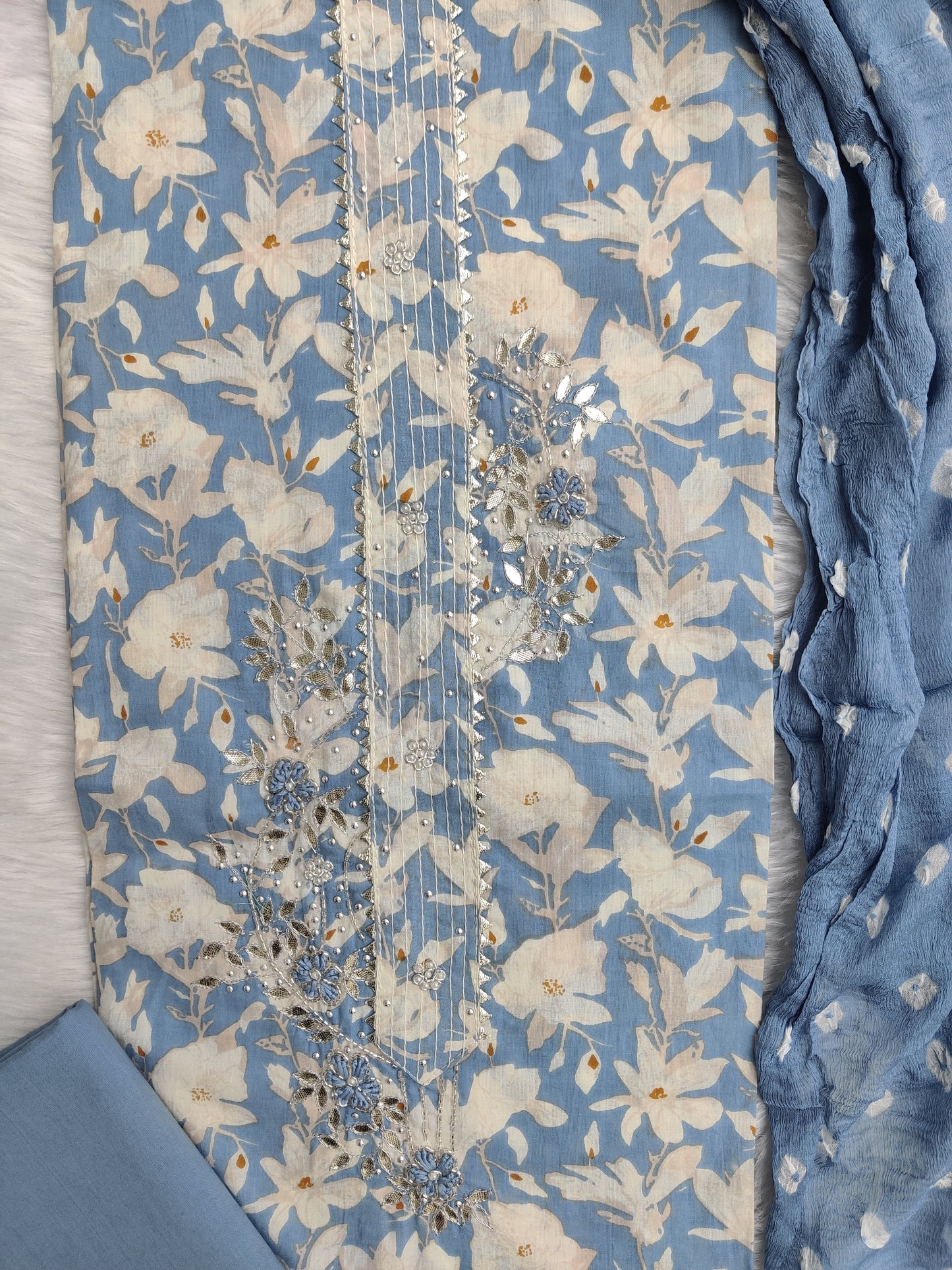 NEW LAUNCH                    Exclusive Unstitched Cotton Neck Work Suits with Chiffon Dupatta