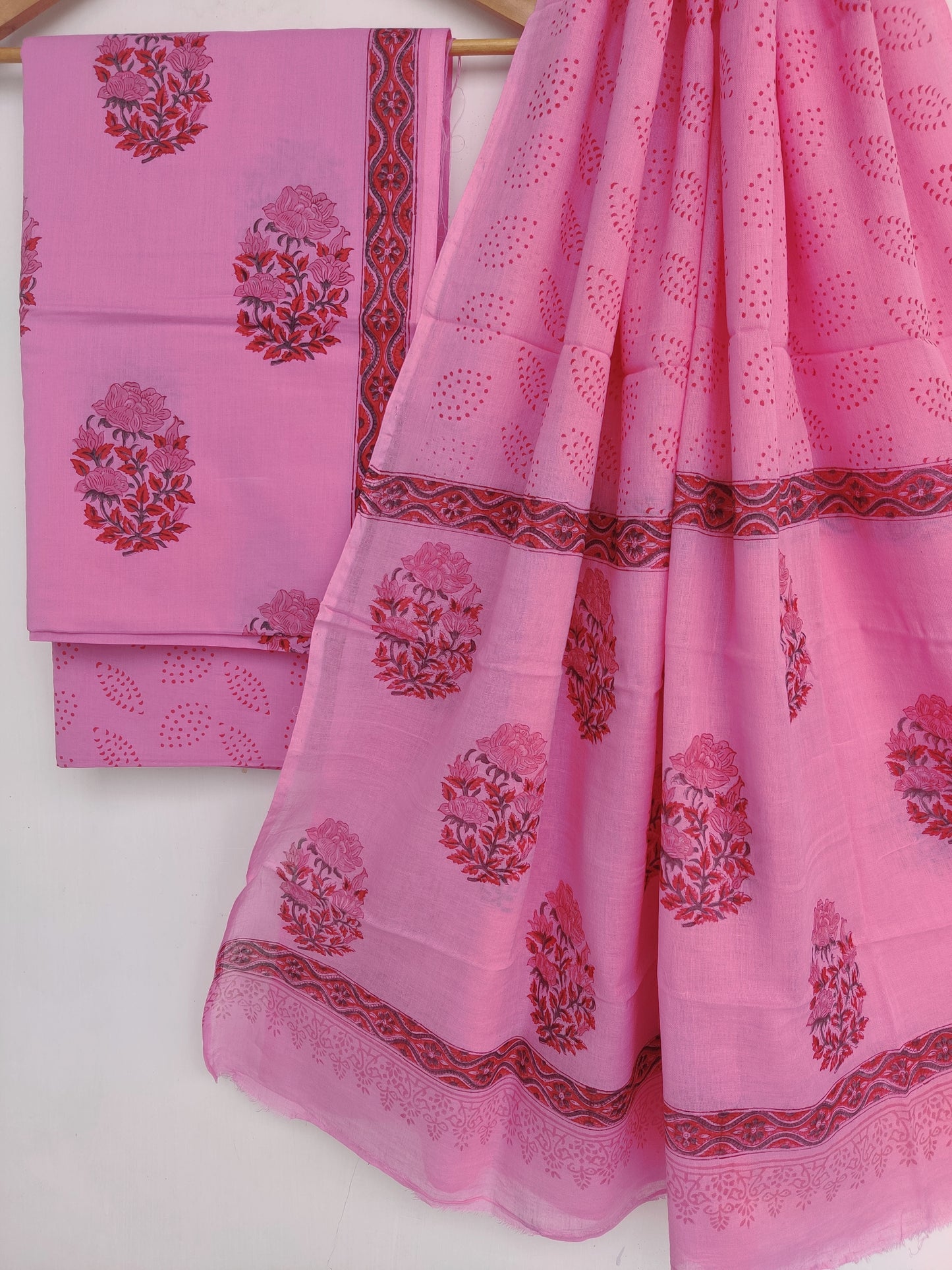 Hand Block Printed Unstitched Cotton Suit with Mulmul Dupatta