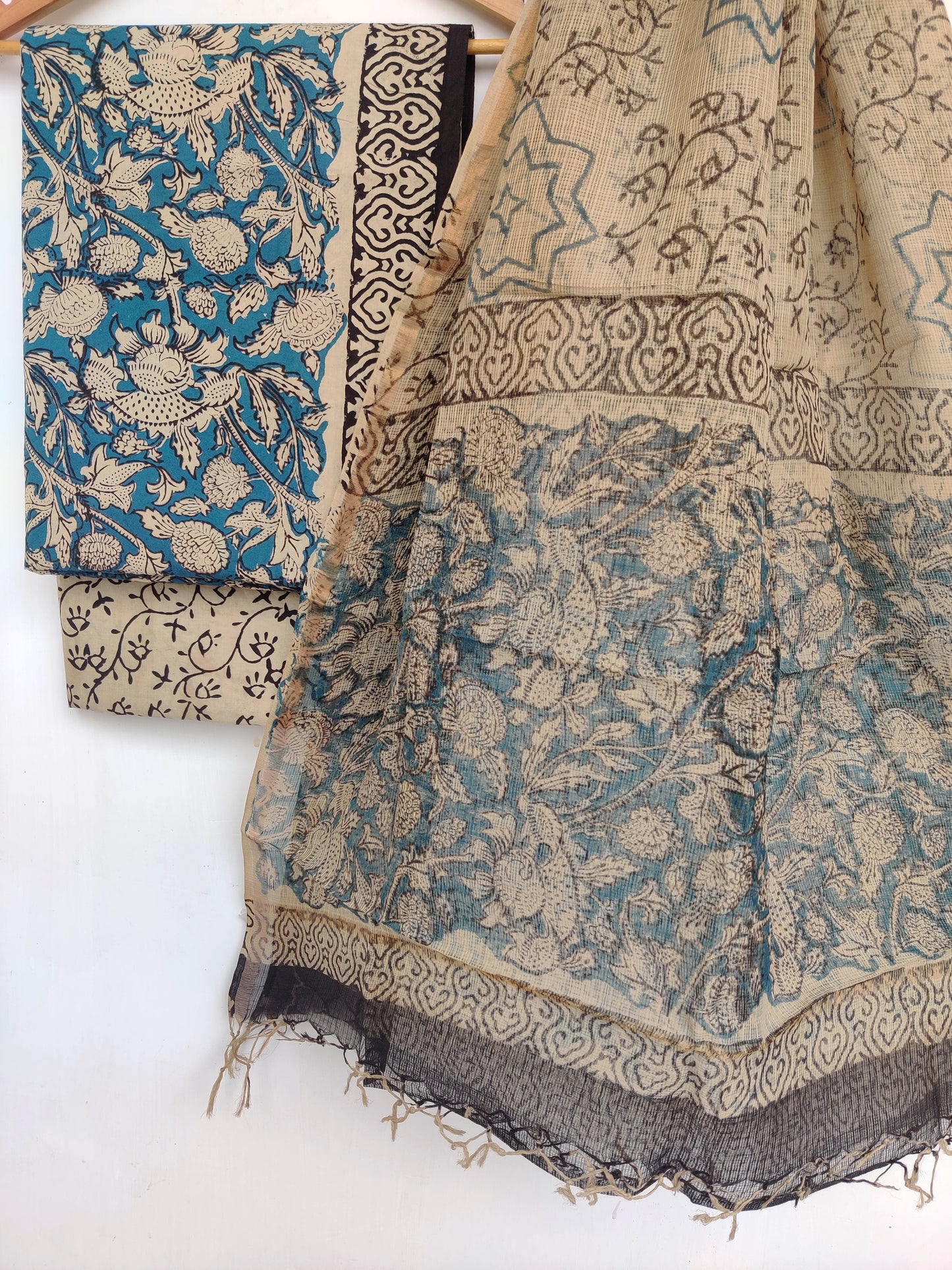 (KALAMKARI) Hand Block Printed Cotton Suit with Cotton Kota Doria dupatta