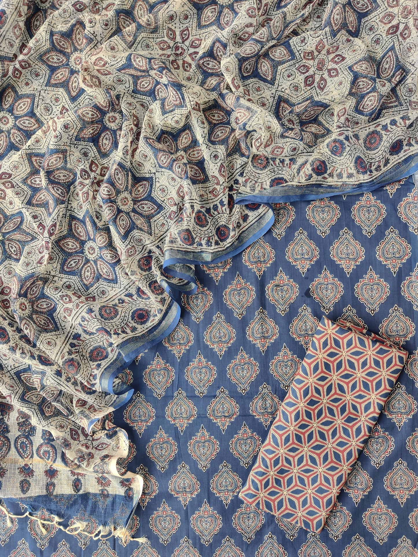 AJRAKH Printed Cotton Suit with Cotton Kota Doria dupatta