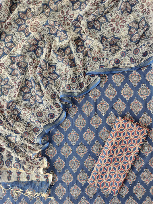 AJRAKH Printed Cotton Suit with Cotton Kota Doria dupatta