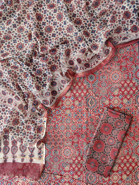 Ajrakh Printed Cotton Suit with Cotton Kota Doria dupatta
