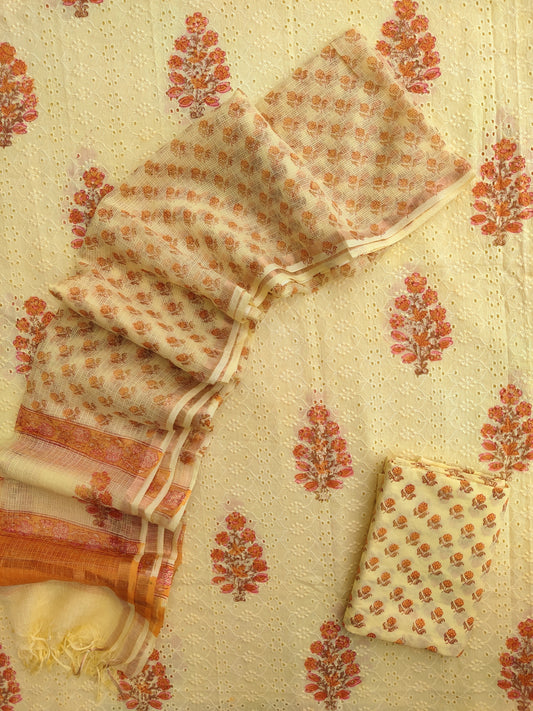 Hand Block Printed Cotton Schiffli Suit with Kota Doria Dupatta