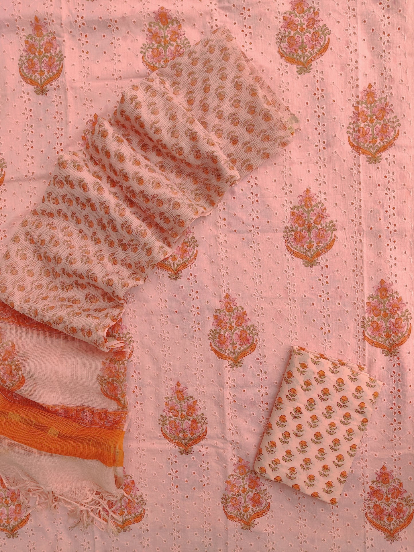 Hand Block Printed Cotton Schiffli Suit with Kota Doria Dupatta