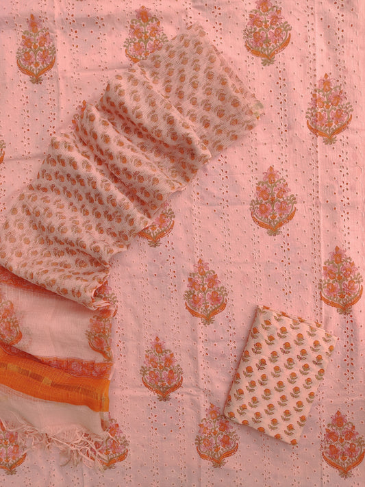 Hand Block Printed Cotton Schiffli Suit with Kota Doria Dupatta