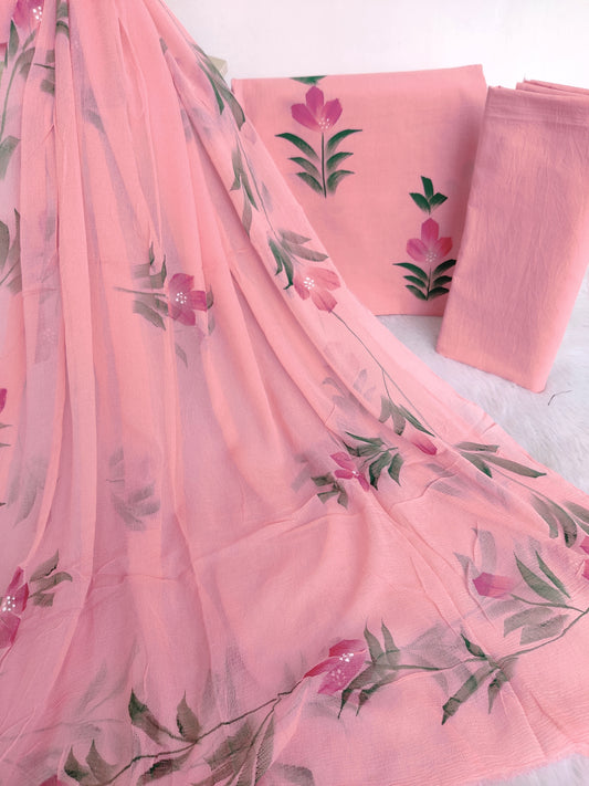 HAND PAINTED COTTON SUIT WITH PURE CHIFFON DUPATTA