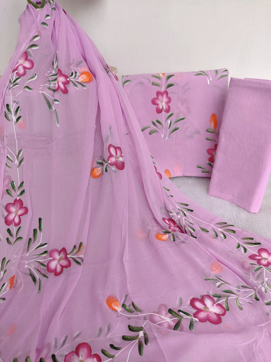 HAND PAINTED COTTON SUIT WITH PURE CHIFFON DUPATTA