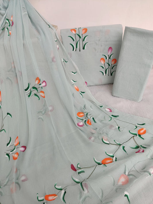 HAND PAINTED COTTON SUIT WITH PURE CHIFFON DUPATTA