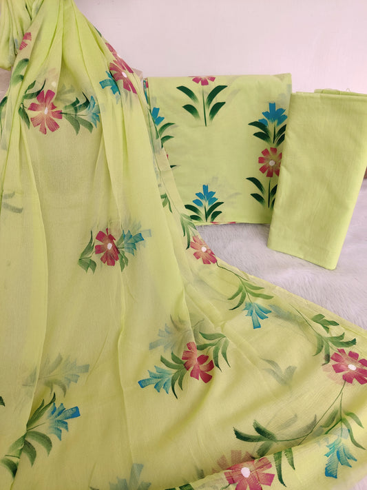 HAND PAINTED COTTON SUIT WITH PURE CHIFFON DUPATTA
