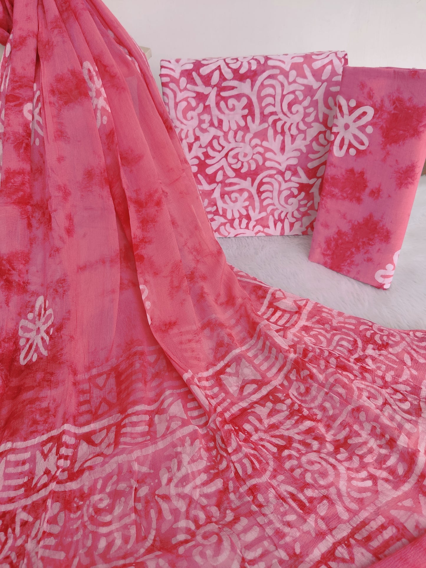 BATIK PRINTED COTTON SUIT WITH PURE CHIFFON DUPATTA
