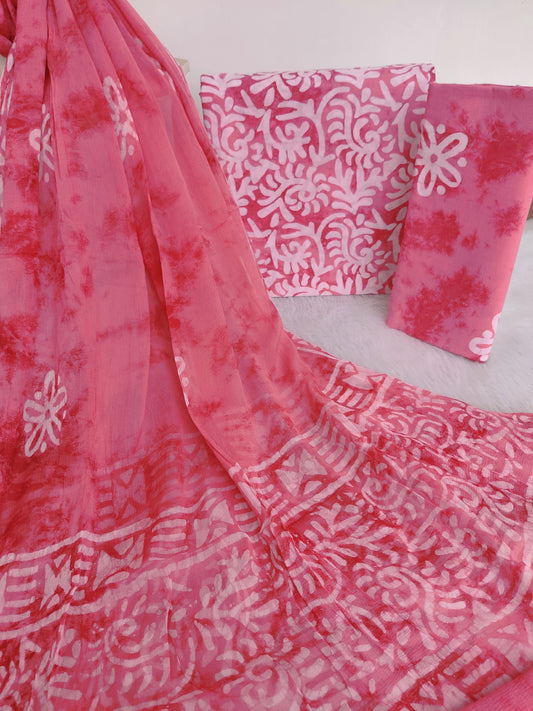 BATIK PRINTED COTTON SUIT WITH PURE CHIFFON DUPATTA