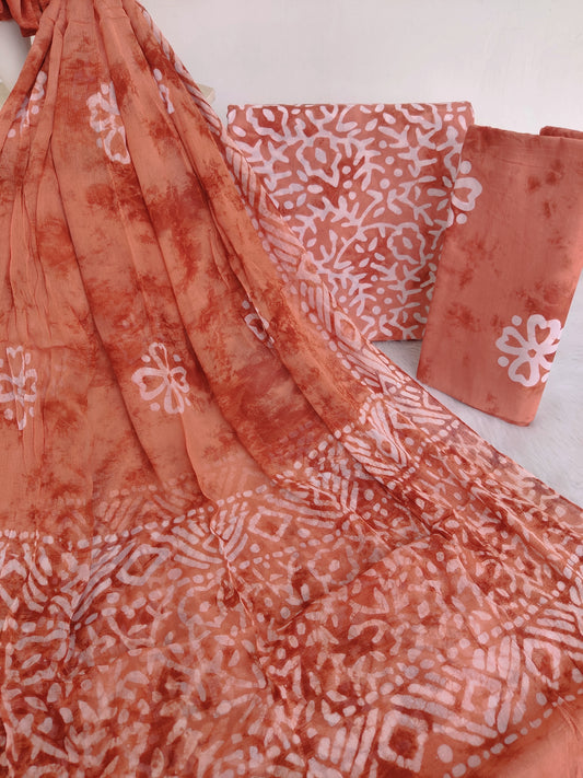 BATIK PRINTED COTTON SUIT WITH PURE CHIFFON DUPATTA