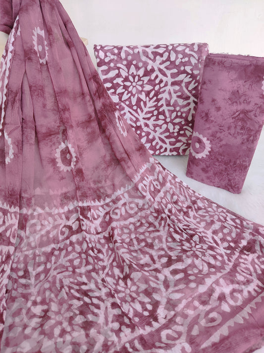 BATIK PRINTED COTTON SUIT WITH PURE CHIFFON DUPATTA
