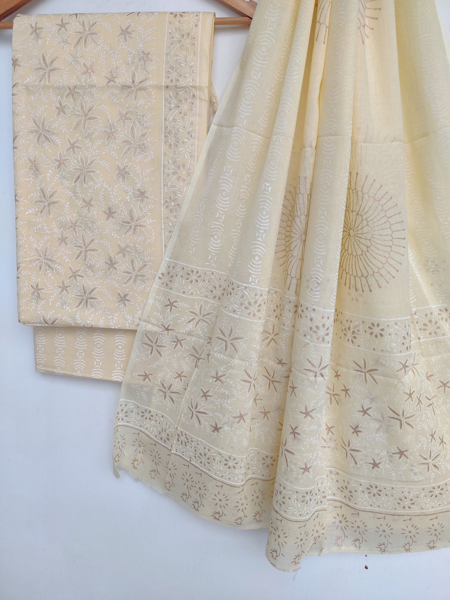 (KHADI GOLD) Hand Block Printed Unstitched Cotton Suit with Mulmul Dupatta
