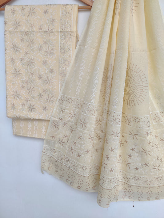 (KHADI GOLD) Hand Block Printed Unstitched Cotton Suit with Mulmul Dupatta
