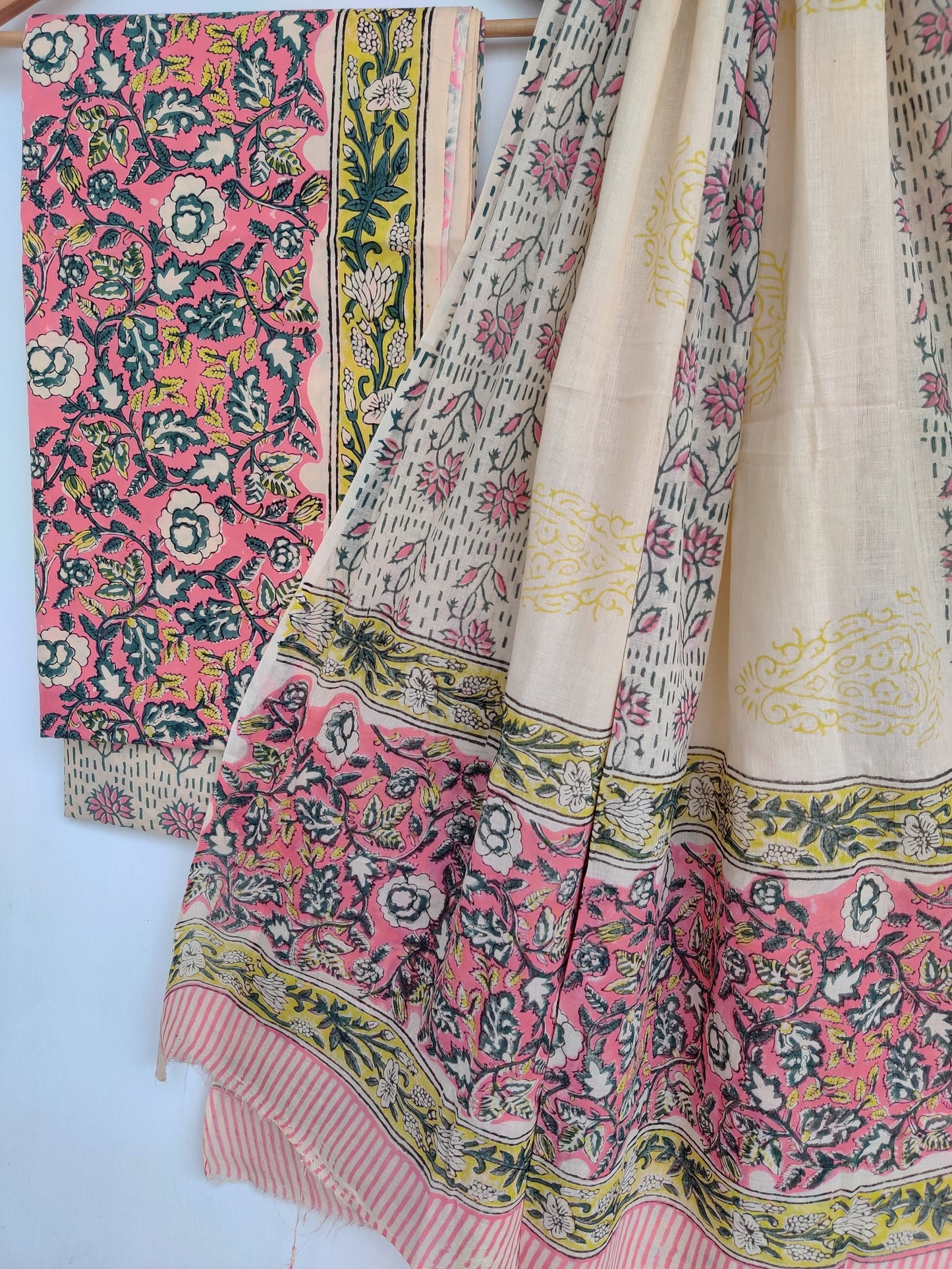 (KHADI GOLD) Hand Block Printed Unstitched Cotton Suit with Mulmul Dupatta