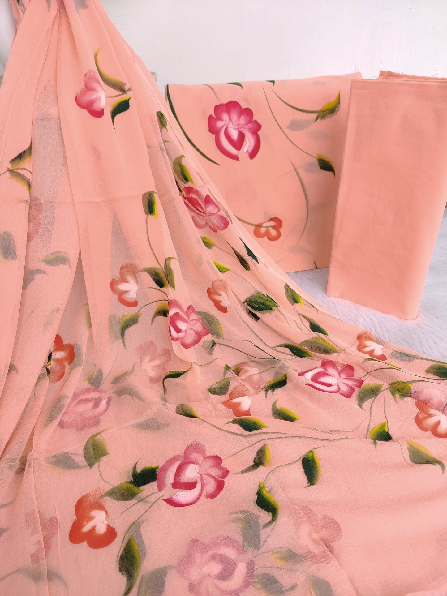 HAND PAINTED COTTON SUIT WITH PURE CHIFFON DUPATTA
