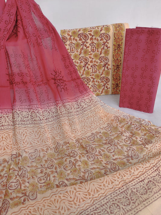 HAND BLOCK PRINTED COTTON SUIT WITH PURE CHIFFON DUPATTA