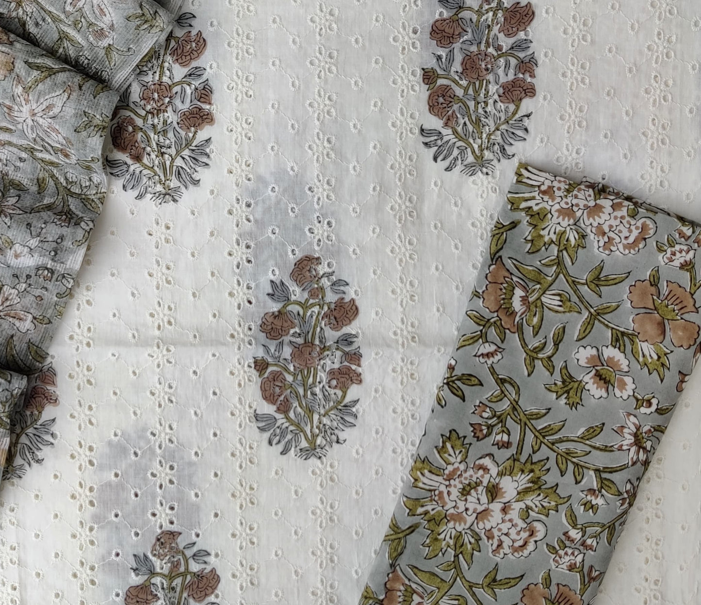 Hand Block Printed Cotton Schiffli Suit with Kota Doria Dupatta