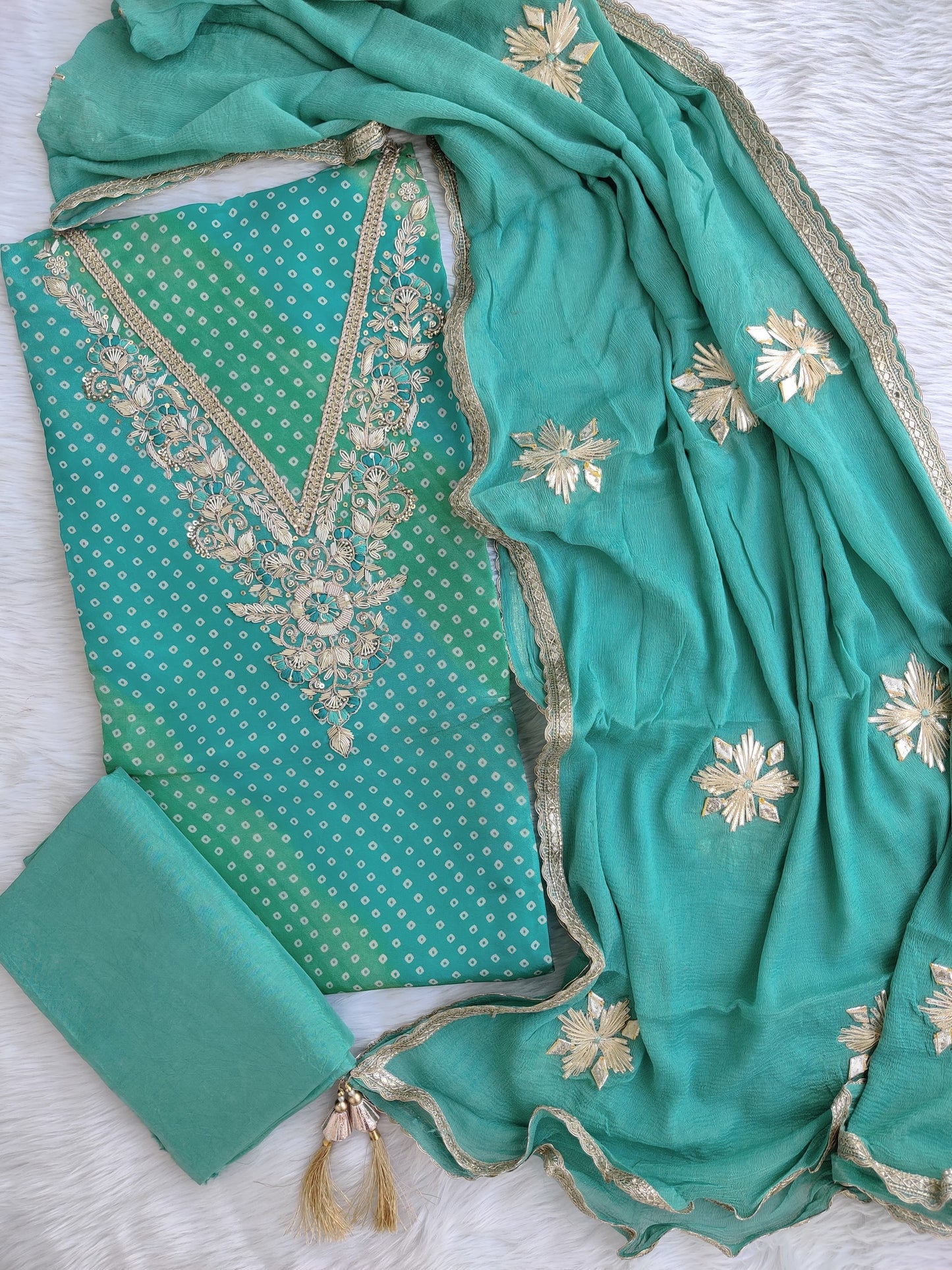 NEW LAUNCH          Exclusive Cosmos Shimmer Tissue Silk Suit with Chiffon with Gota Patti Work