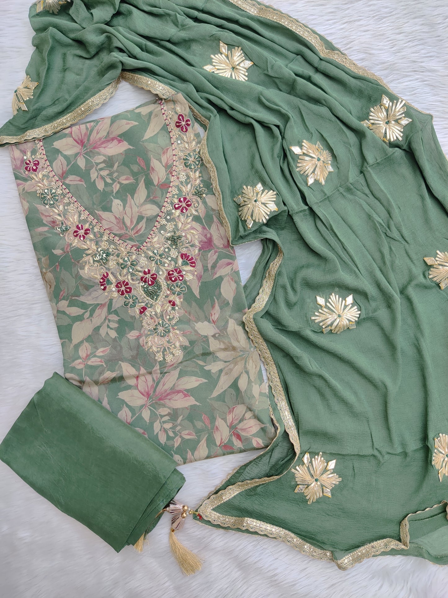 NEW LAUNCH            Exclusive Unstitched  Cosmos Shimmer Tissue Silk Suit with Chiffon with Gota Patti Work