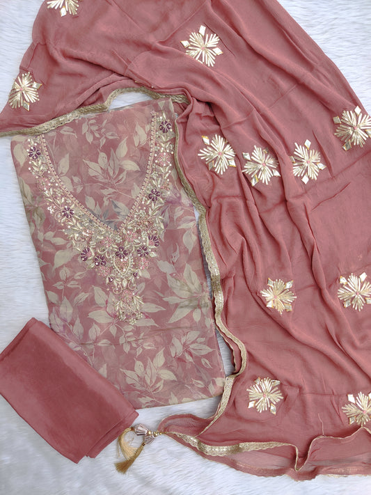 NEW LAUNCH            Exclusive Unstitched  Cosmos Shimmer Tissue Silk Suit with Chiffon with Gota Patti Work