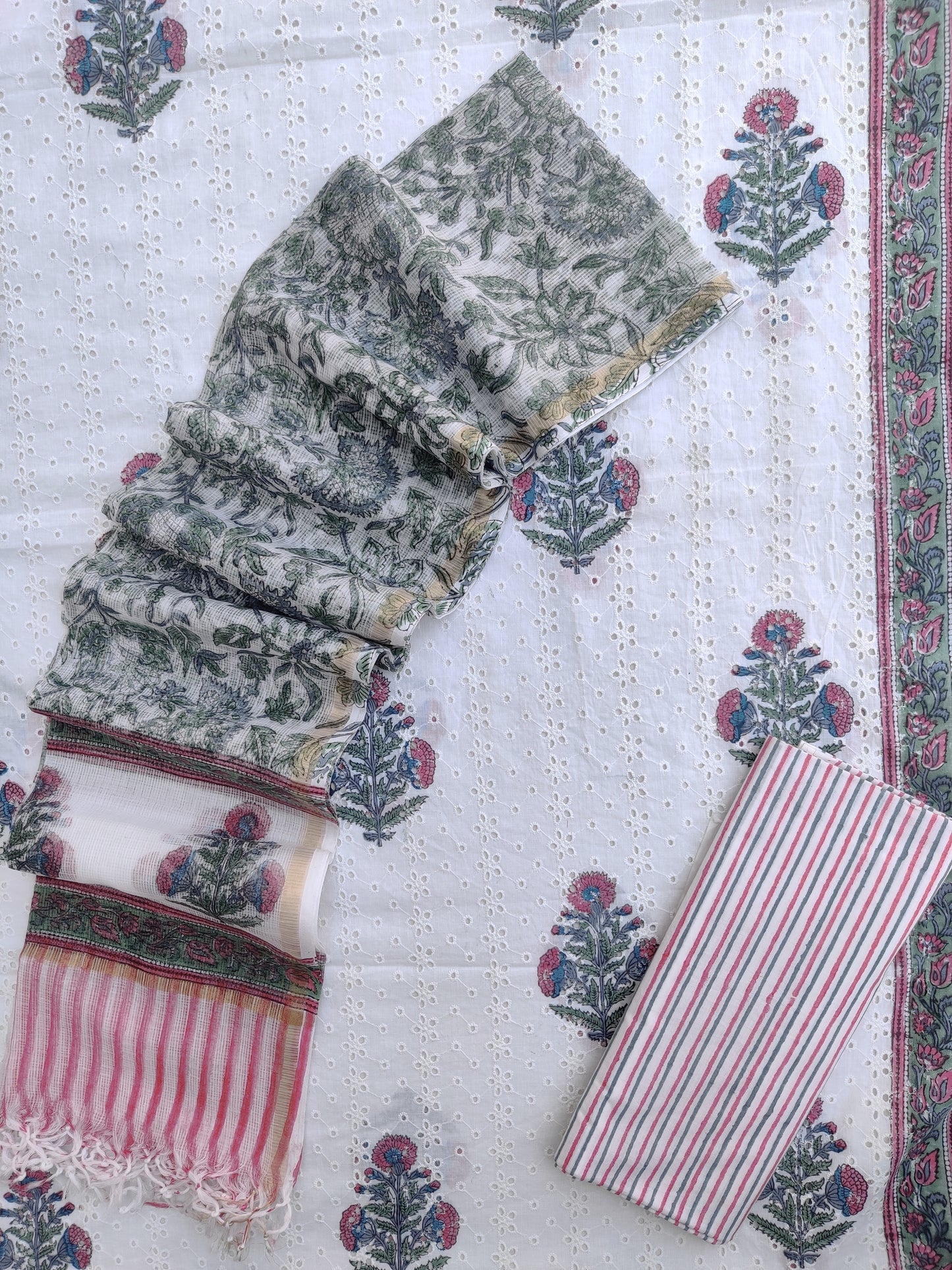 Hand Block Printed Cotton Schiffli Suit with Kota Doria Dupatta