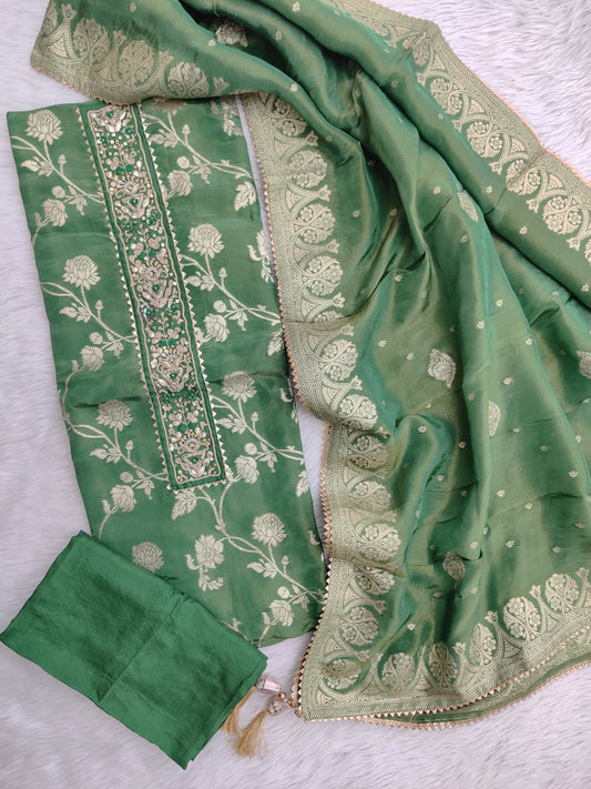 NEW LAUNCH                                    ELEGANT SHIMMER JACQUARD SILK GOTA PATTI SUIT SET WITH SHIMMER JACQUARD DUPATTA