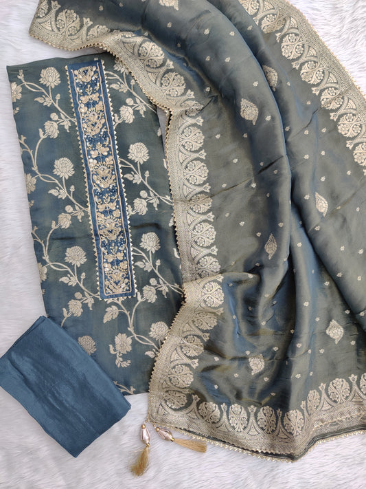 NEW LAUNCH                                    ELEGANT SHIMMER JACQUARD SILK GOTA PATTI SUIT SET WITH SHIMMER JACQUARD DUPATTA