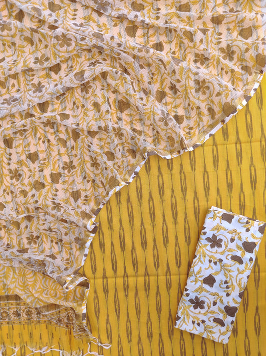 Handloom Weave Ikat Suit with Kota Doria Dupatta