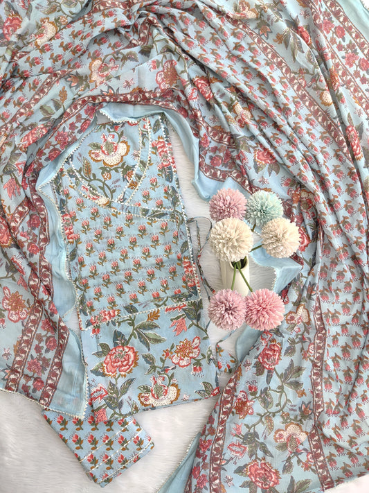 Exclusive Cotton Printed Neck Work Suits with mulmul dupatta1