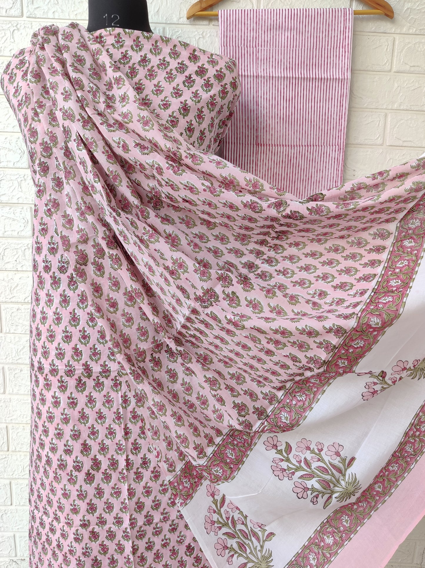 Hand Block Printed Unstitched Cotton Suit with Mulmul Dupatta