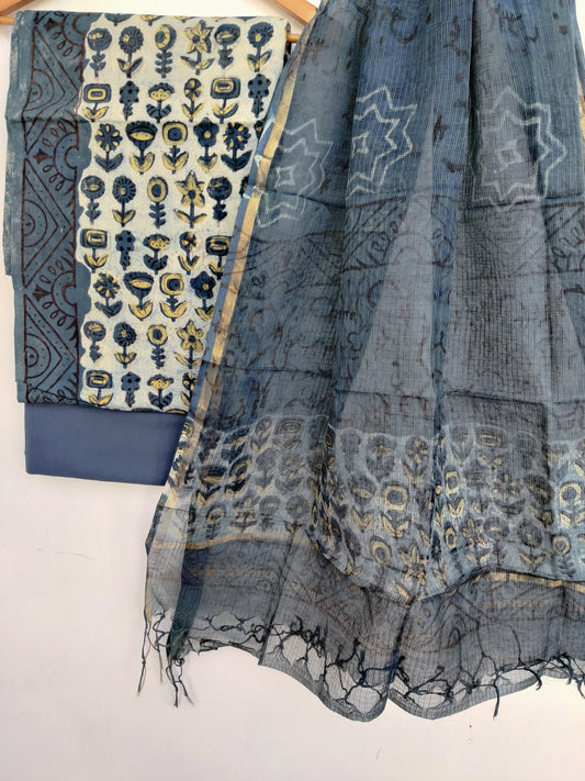 (VANASPATI) Block Printed Cotton Suit with Cotton Kota Doria dupattaa