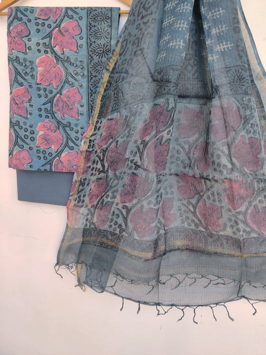 (VANASPATI) Block Printed Cotton Suit with Cotton Kota Doria dupattaa
