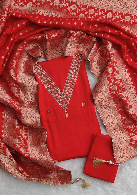 GAJI SILK GOTA PATTI SUIT WITH DOLA SILK DUPATTA