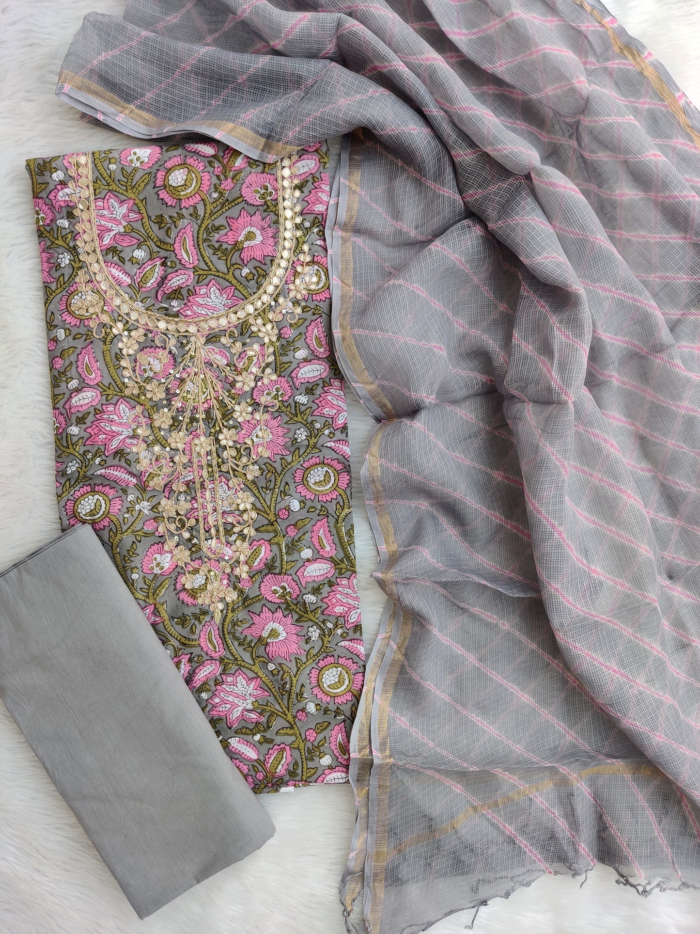 JAIPURI PRINTED GOTA PATTI NECK WORK SUITS WITH LEHRIYA KOTA DORIA DUPATTA