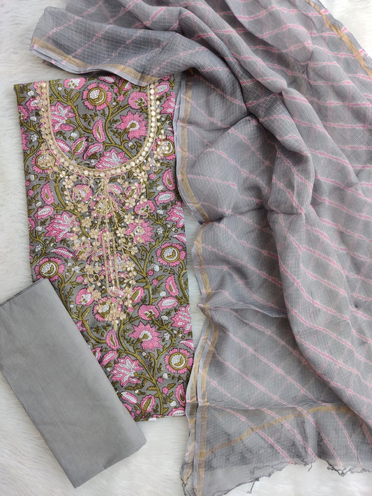JAIPURI PRINTED GOTA PATTI NECK WORK SUITS WITH LEHRIYA KOTA DORIA DUPATTA