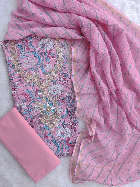 JAIPURI PRINTED GOTA PATTI NECK WORK SUITS WITH LEHRIYA KOTA DORIA DUPATTA
