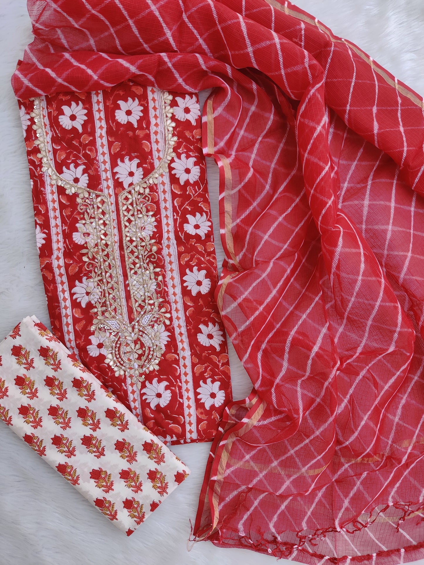 JAIPURI PRINTED GOTA PATTI NECK WORK SUITS WITH LEHRIYA KOTA DORIA DUPATTA